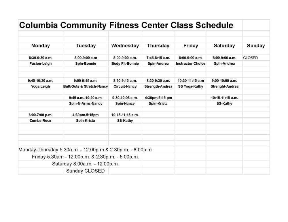Fitness Center Class Schedule