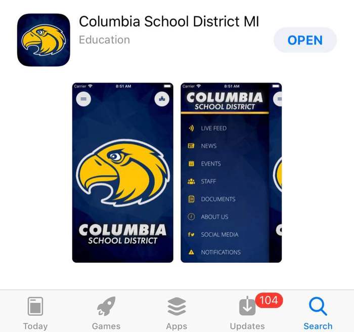 Screen shot of the new Columbia App!